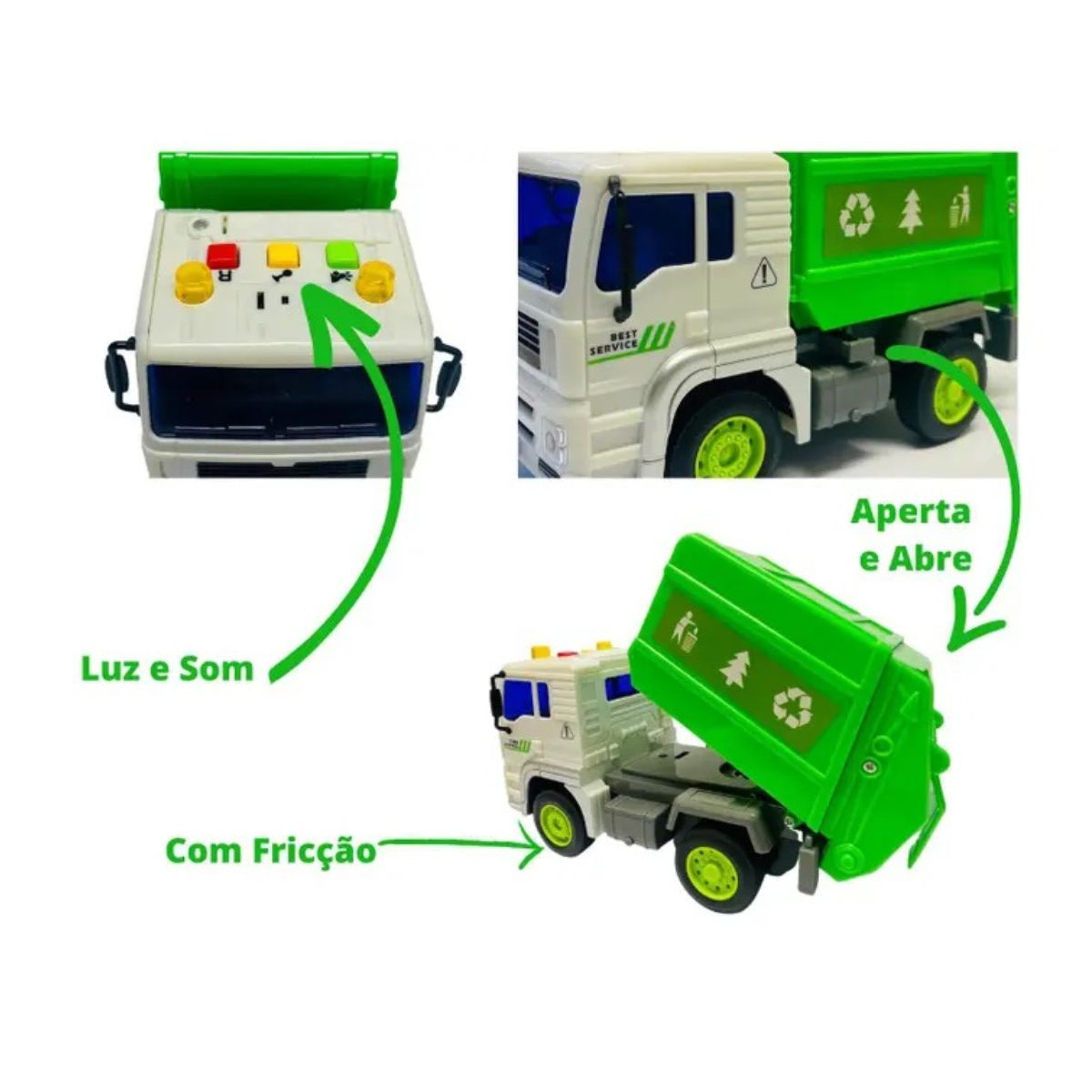 Caminhão Fricção Coleta Lixo Verde Com Som E Luz - Dm Toys Caminhão Fricção Coleta Lixo Verde Com Som E Luz - Dm Toys